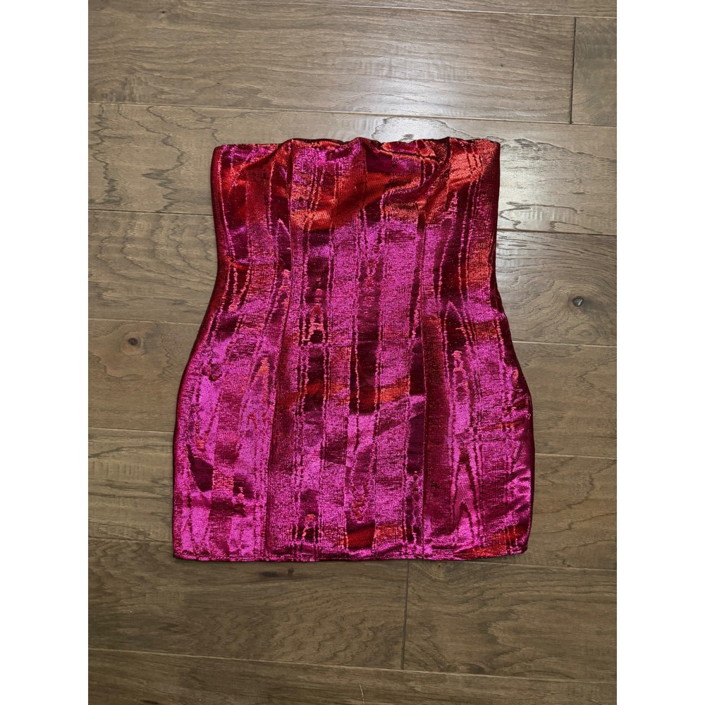 Lulus Strapless Mini Dress Womens L Pink Red Metallic Bow Bodycon Party Shimmer